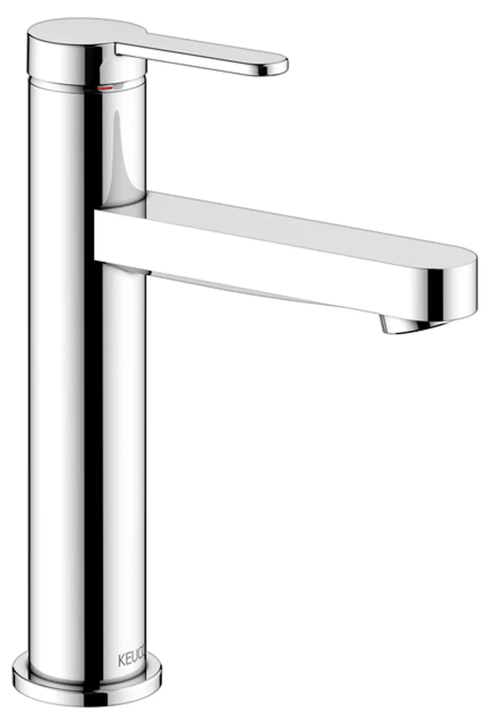 Hochglänzender Einhebelmischer von Keuco mit flacher Auslaufkante. Der Mischer hat einen runden Sockel sowie einen funktionalen Hebel für die Wasserregelung.